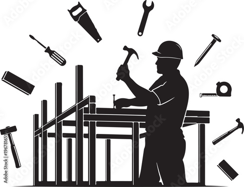 Black silhouette of man in hard hat hammering nails surrounded by floating construction tools