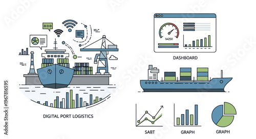 Digital Port Logistics: Ship, Crane, Data Graphs, Dashboard, Wifi Icons