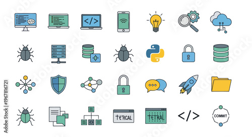 Coding and Technology Icons: Development, Debugging, Security, Cloud, Data, AI, Network