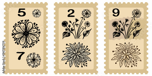 Vintage postage stamps featuring floral designs and numerical values