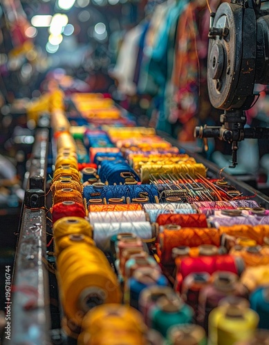 Vibrant Thread Spools on a Production Line in a Textile Factory.