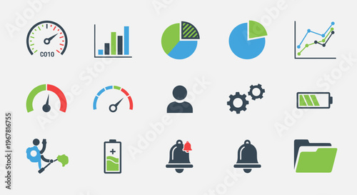 Business analytics icons: dashboard, charts, graphs, battery, user, gears, folder, notification bell