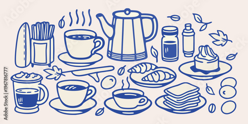 A whimsical blue line drawing of breakfast items and coffee