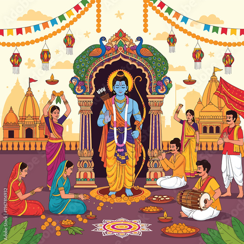 Hindu deity Krishna with worshippers celebrating.