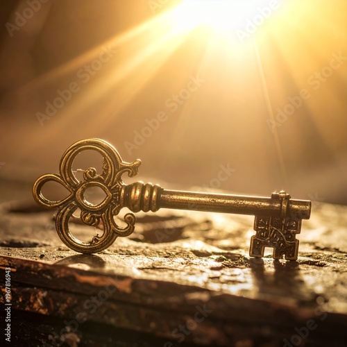 Vintage Skeleton Key Bathed in Golden Sunlight.