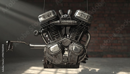 Vintage Motorcycle Engine Suspended in a Workshop with Dramatic Lighting.