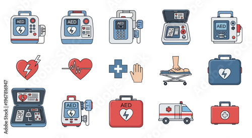Automated External Defibrillator (AED) and Medical Icons Collection