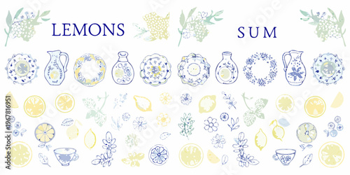 Vintage lemon and floral patterned tableware with fruit illustrations