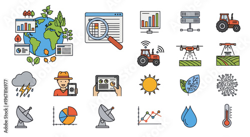Smart Farming Technology Icons: Agriculture, Drones, Data, and IoT