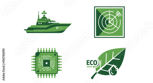 Green Technology Icons: Yacht, Radar, Chip, Eco Leaf with Water Drop