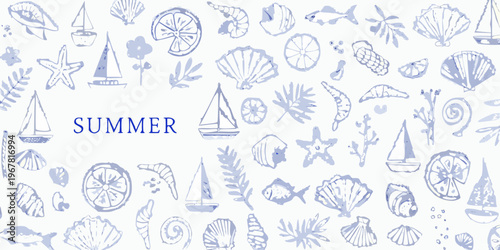 A light blue summer pattern featuring seashells boats and citrus fruits