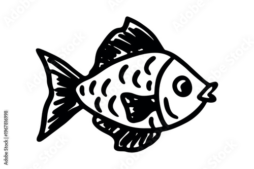 Hand drawn happy funny cute fish Adorable friendly kawaii tropical fish Underwater world sea life ocean Fishing seafood For design, kids print, kids books, nursery decor, coloring pages, logo