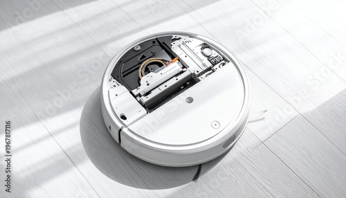 White robotic vacuum cleaner with top cover removed, revealing internal components, on a light wooden floor with sunlight.