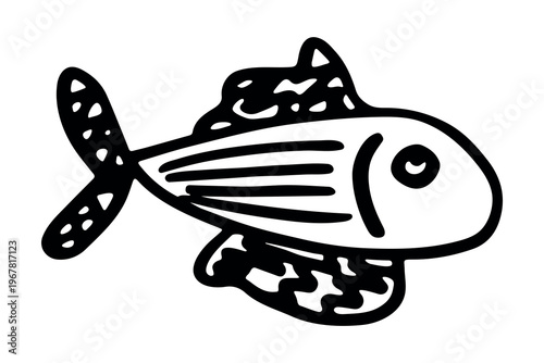 Hand drawn happy funny cute fish Adorable friendly kawaii tropical fish Underwater world sea life ocean Fishing seafood For design, kids print, kids books, nursery decor, coloring pages, logo