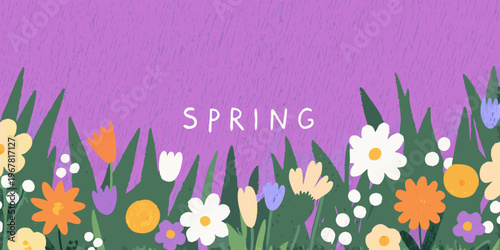 A colorful illustration depicts a field of spring flowers and greenery