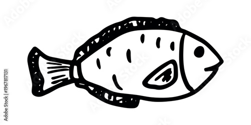 Hand drawn happy funny cute fish Adorable friendly kawaii tropical fish Underwater world sea life ocean Fishing seafood For design, kids print, kids books, nursery decor, coloring pages, logo