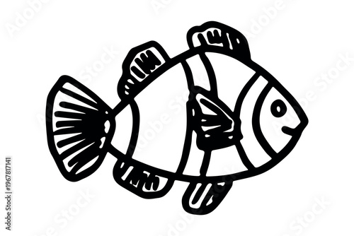 Hand drawn happy funny cute fish Adorable friendly kawaii tropical fish Underwater world sea life ocean Fishing seafood For design, kids print, kids books, nursery decor, coloring pages, logo