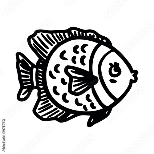 Hand drawn happy funny cute fish Adorable friendly kawaii tropical fish Underwater world sea life ocean Fishing seafood For design, kids print, kids books, nursery decor, coloring pages, logo