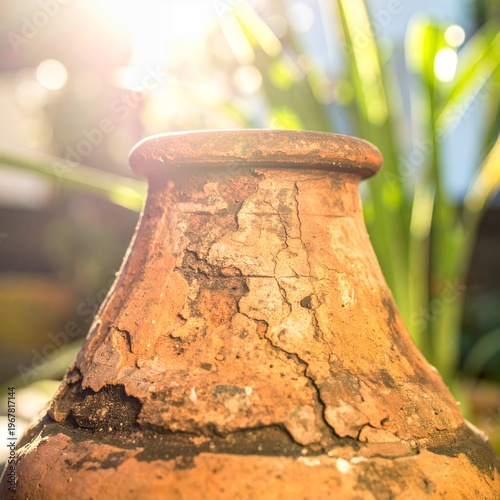 Weathered Terracotta Pot with Sunlit Greenery Background.