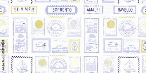Vintage style summer postcards featuring italian coastal towns and motifs