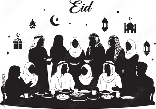 Black silhouette of people in traditional clothing gathered around a table for eid celebration
