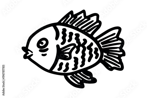 Hand drawn happy funny cute fish Adorable friendly kawaii tropical fish Underwater world sea life ocean Fishing seafood For design, kids print, kids books, nursery decor, coloring pages, logo