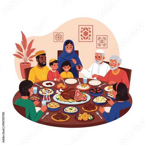 Family sitting around dinner table eating.