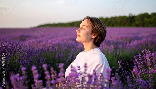 Woman enjoying the serene beauty of a lavender field at sunset.