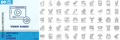 Video Audio Line Editable Icons set