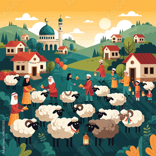 Shepherds and sheep in a field.