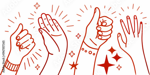 A group of hands giving a high five with sparkling star elements