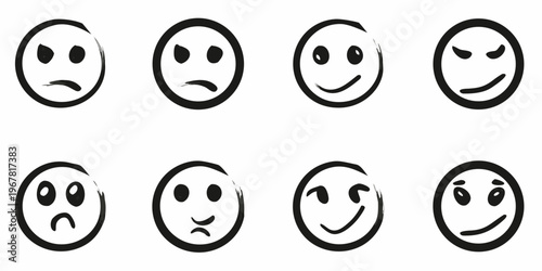 Collection of hand drawn black and white facial expressions depicting emotions