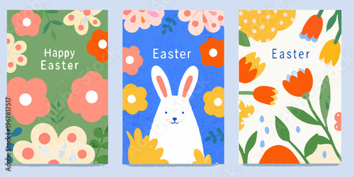 Colorful easter illustrations with flowers bunnies and festive greetings