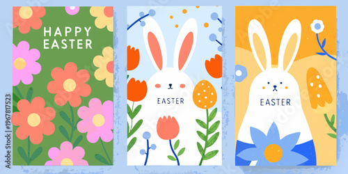 Three colorful easter banners with flowers rabbits and festive greetings