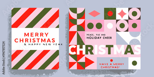 Festive christmas cards with geometric patterns and holiday greetings