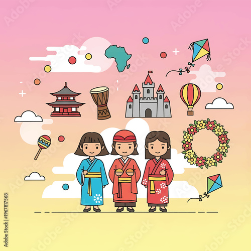 Three girls in traditional Asian clothing.