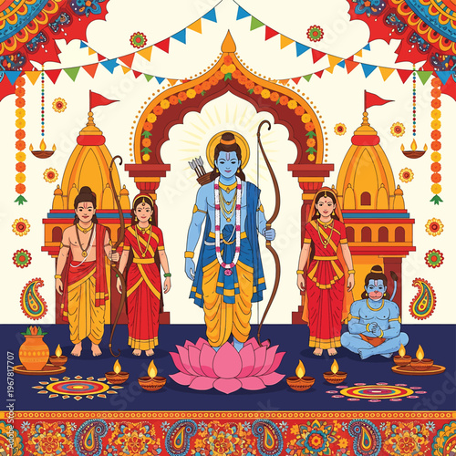 Hindu god Rama with family standing.