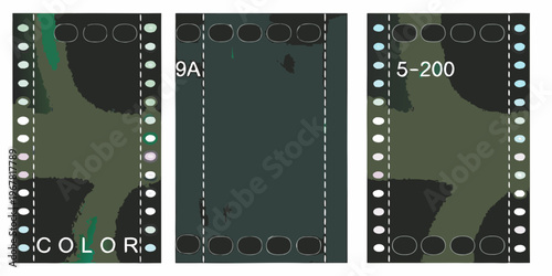 Three strips of film with dark shapes and numbers displayed vertically