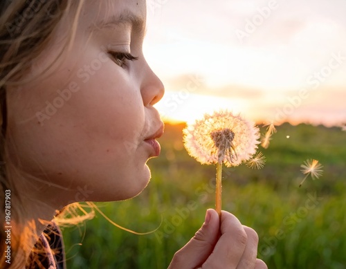Young girl blowing dandelion seeds at sunset in a field.