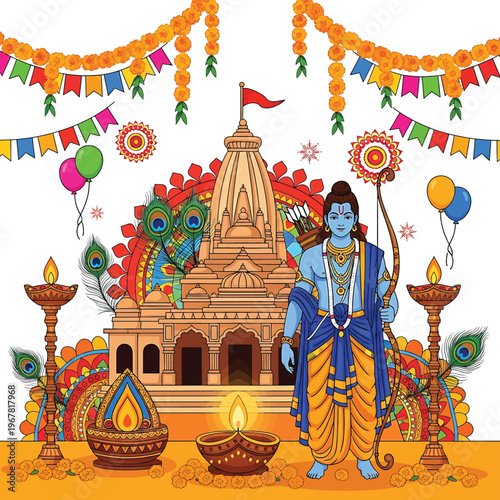 Hindu God Krishna Standing Colorful Temple.