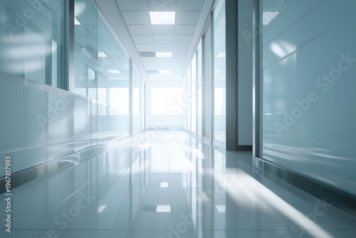 Clean Glass Corridor Interior with Reflective Floor in Modern Medical Building