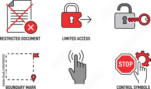 A collection of six distinct line art icons depicts concepts such as restricted documents, limited access, boundary marking, interactive controls, and security measures.