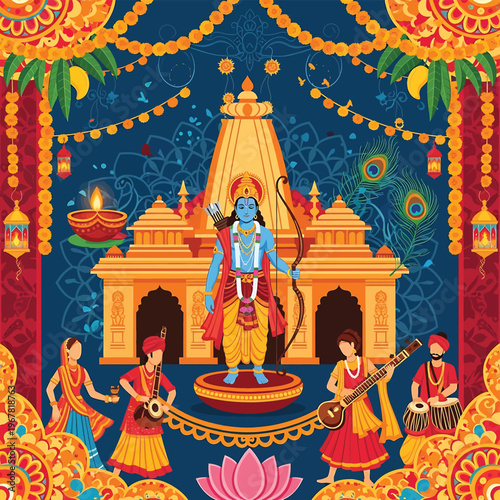 Hindu God Krishna with Musicians.