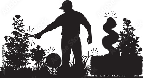 Man pruning plants with shears in garden silhouette