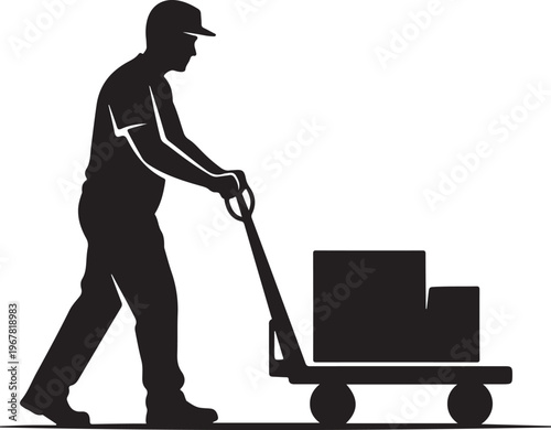 Man pushing dolly with boxes silhouette black white background