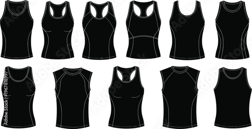 Professional Sports Tank Top Silhouettes Vector Set Featuring Minimalist Black Gym Vest and Sleeveless Shirt Models Isolated on White Background for Fitness Designs