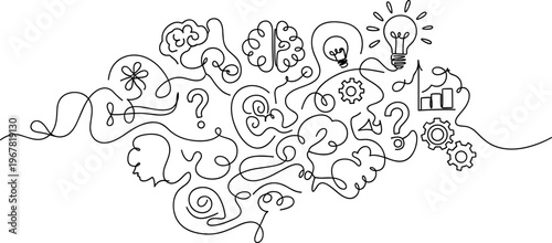 Brain with creative thought process symbols.