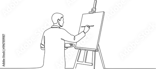 Man painting on large canvas board.