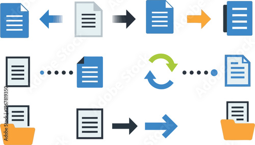 Digital file icons with directional arrows illustrate various data management processes including transfer, synchronization, and secure storage solutions.