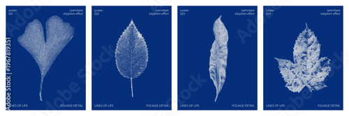 Set of cyanotype stipples effect poster with a nature graphic shape. Vector stipple ginkgo, maple, willow, linden leaves element in retro print style.